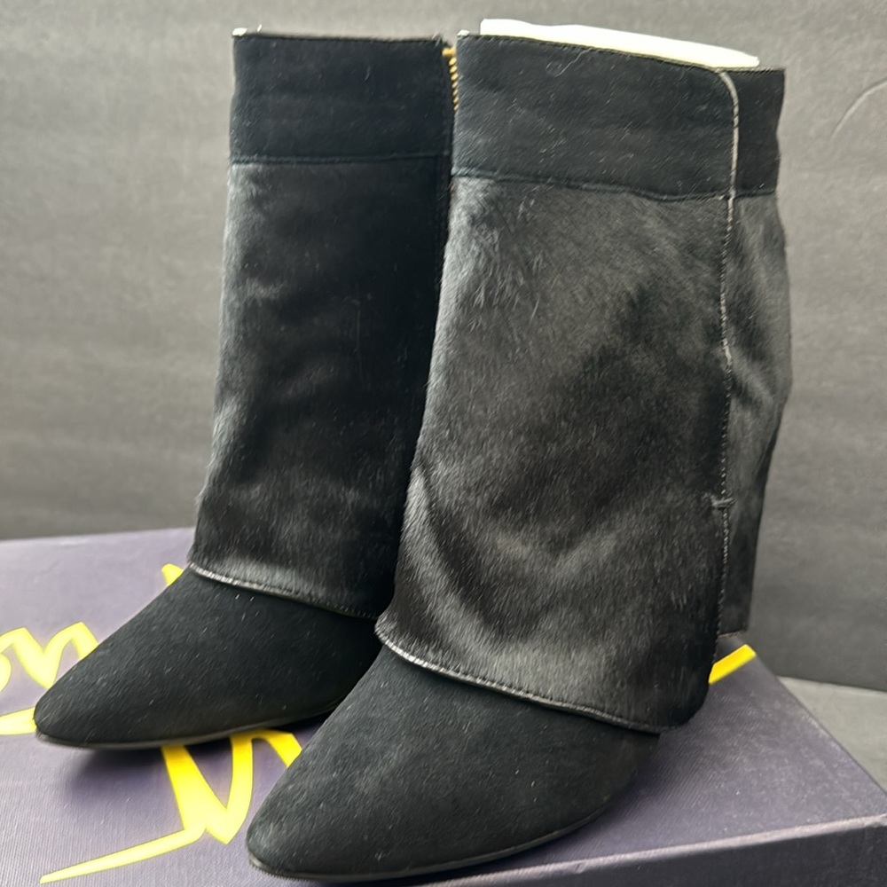 NIB London Trash Siri Suede and calf hair wedge Heel Boots Black Size 7 - Picture 5 of 12